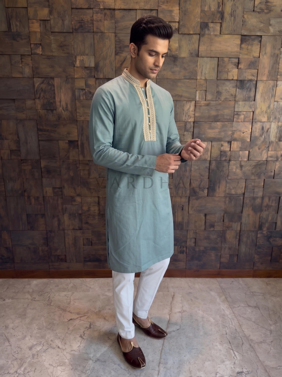 Teal Blue Cotton Kurta with Gold Embroidered V-Neck Placket