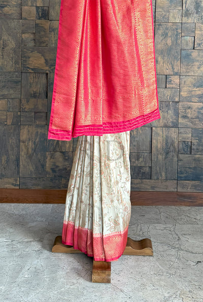 Cream Red Woven Kalamkari Art Silk Saree with Zari Work