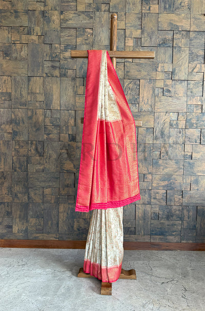 Cream Red Woven Kalamkari Art Silk Saree with Zari Work