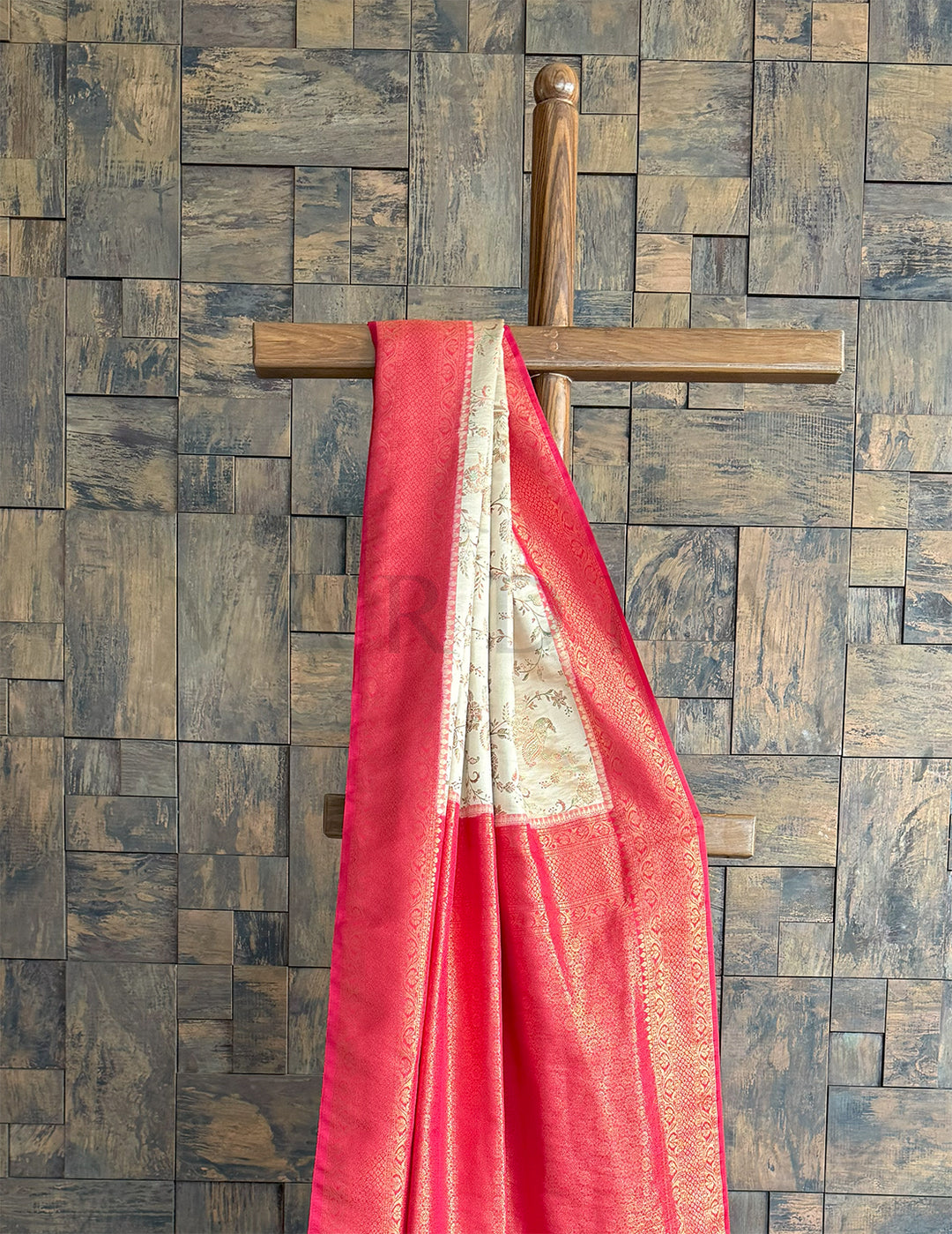 Cream Red Woven Kalamkari Art Silk Saree with Zari Work