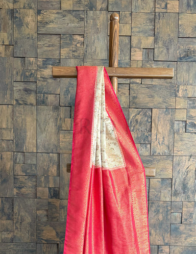 Cream Red Woven Kalamkari Art Silk Saree with Zari Work