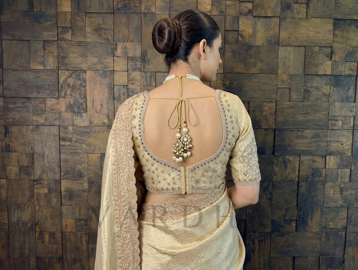 Cream Viscose Handwork Saree with Woven Chevron &amp; Pearl Embroidery