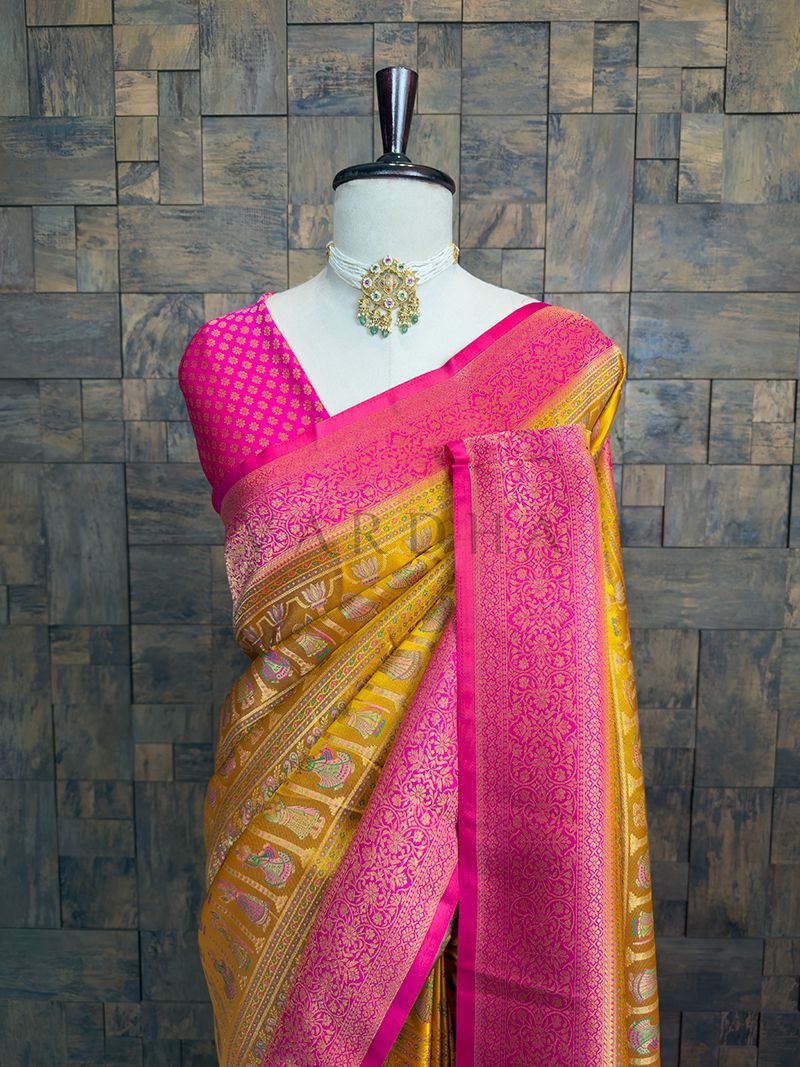 Yellow Pink Woven Kalamkari Art Silk Saree with Zari Work