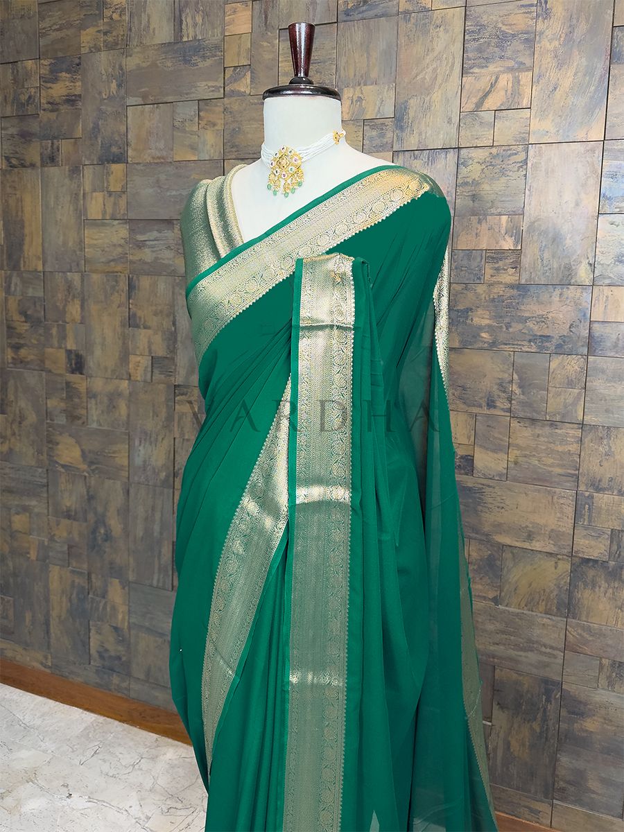 Green Georgette Feather Soft Saree with Gold Zari Work