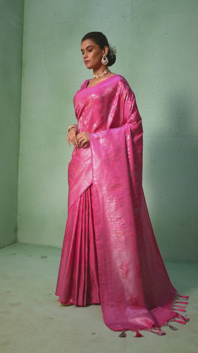Power Pink Silver with Gold Pink Zari Kanjeevaram Silk Saree