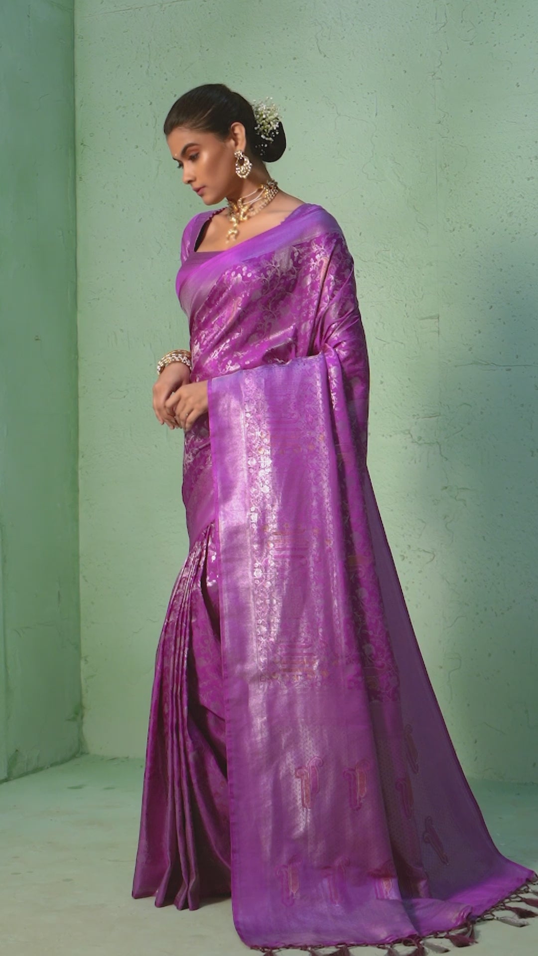 Pizza Edge Purple Silver with Gold Pink Zari Kanjeevaram Silk Saree
