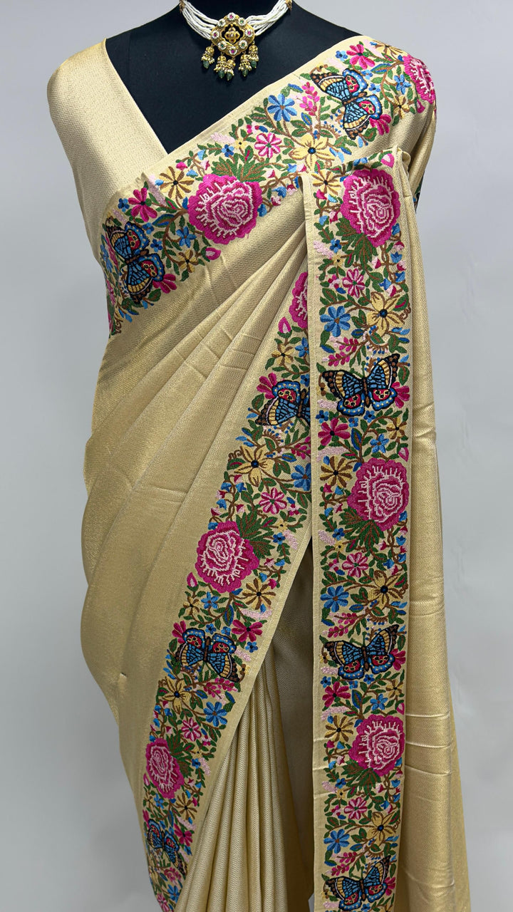 Cream Tissue Kanjivaram Silk Saree with Parsi Gara Embroidery