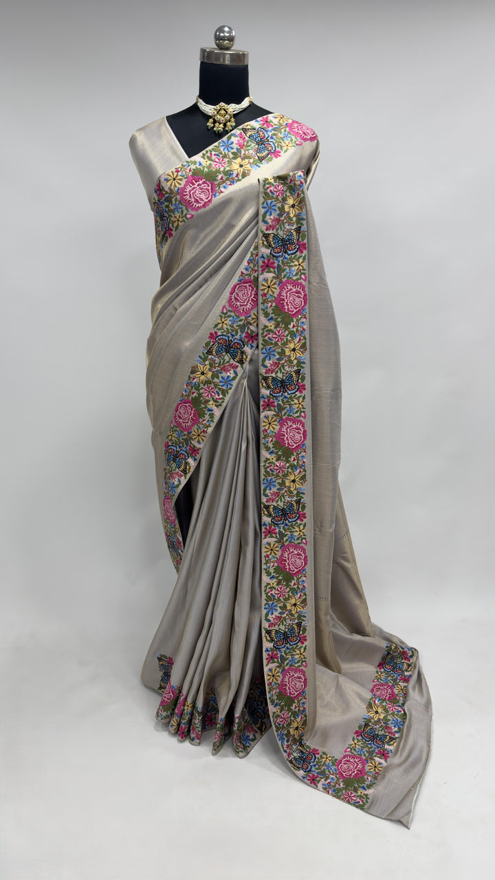 Lavender Grey Tissue Kanjivaram Silk Saree with Parsi Gara Embroidery