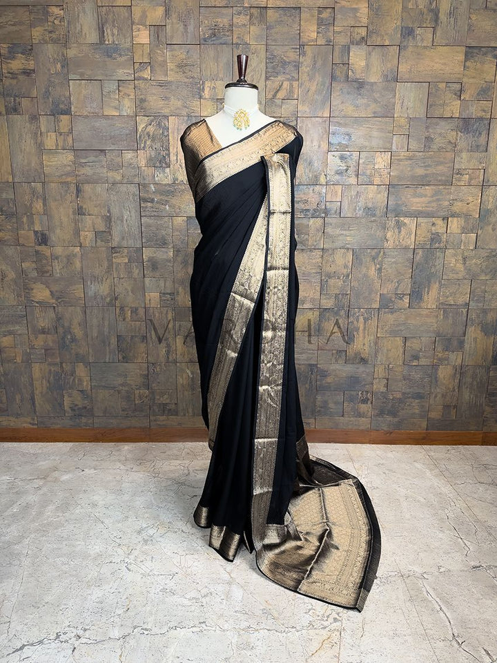 Black Georgette Feather Soft Saree with Gold Zari Work