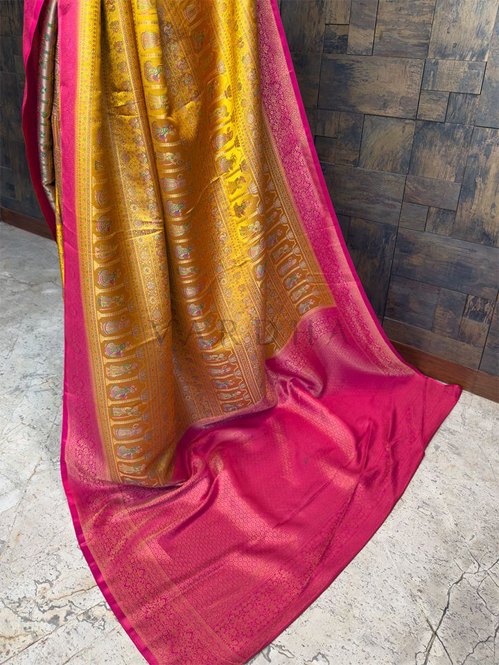 Yellow Pink Woven Kalamkari Art Silk Saree with Zari Work