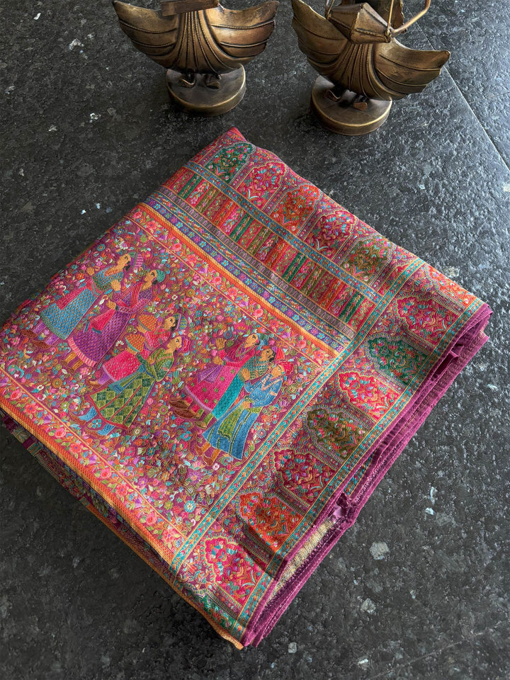 Wine Banarasi Katan Silk Saree | Darbari Style with Traditional Kalamkari Zari Work