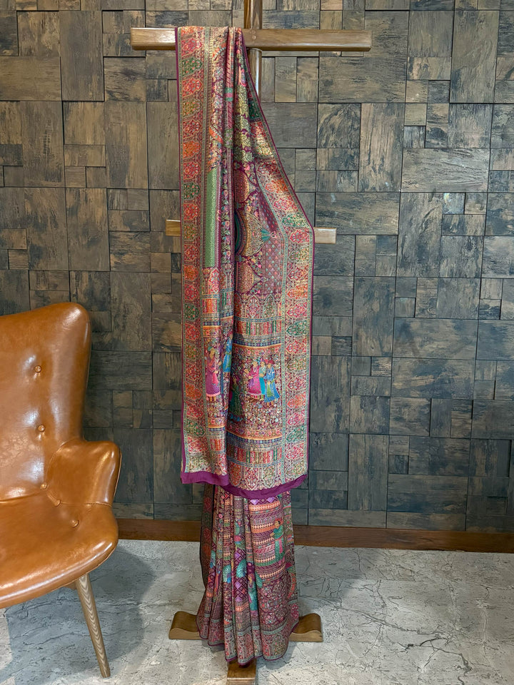 Wine Banarasi Katan Silk Saree | Darbari Style with Traditional Kalamkari Zari Work