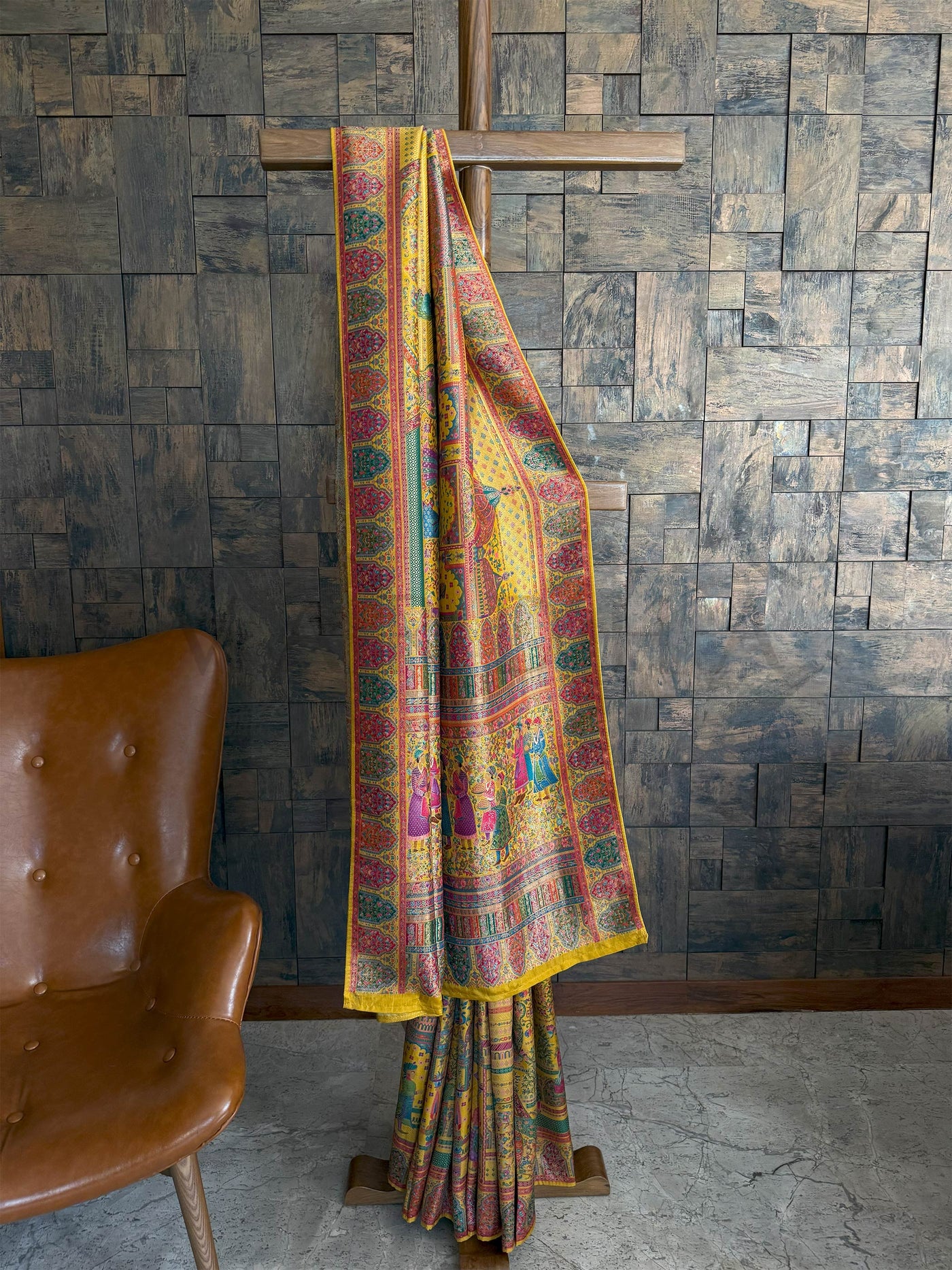 Mustard Yellow Banarasi Katan Silk Saree | Darbari Style with Traditional Kalamkari Zari Work