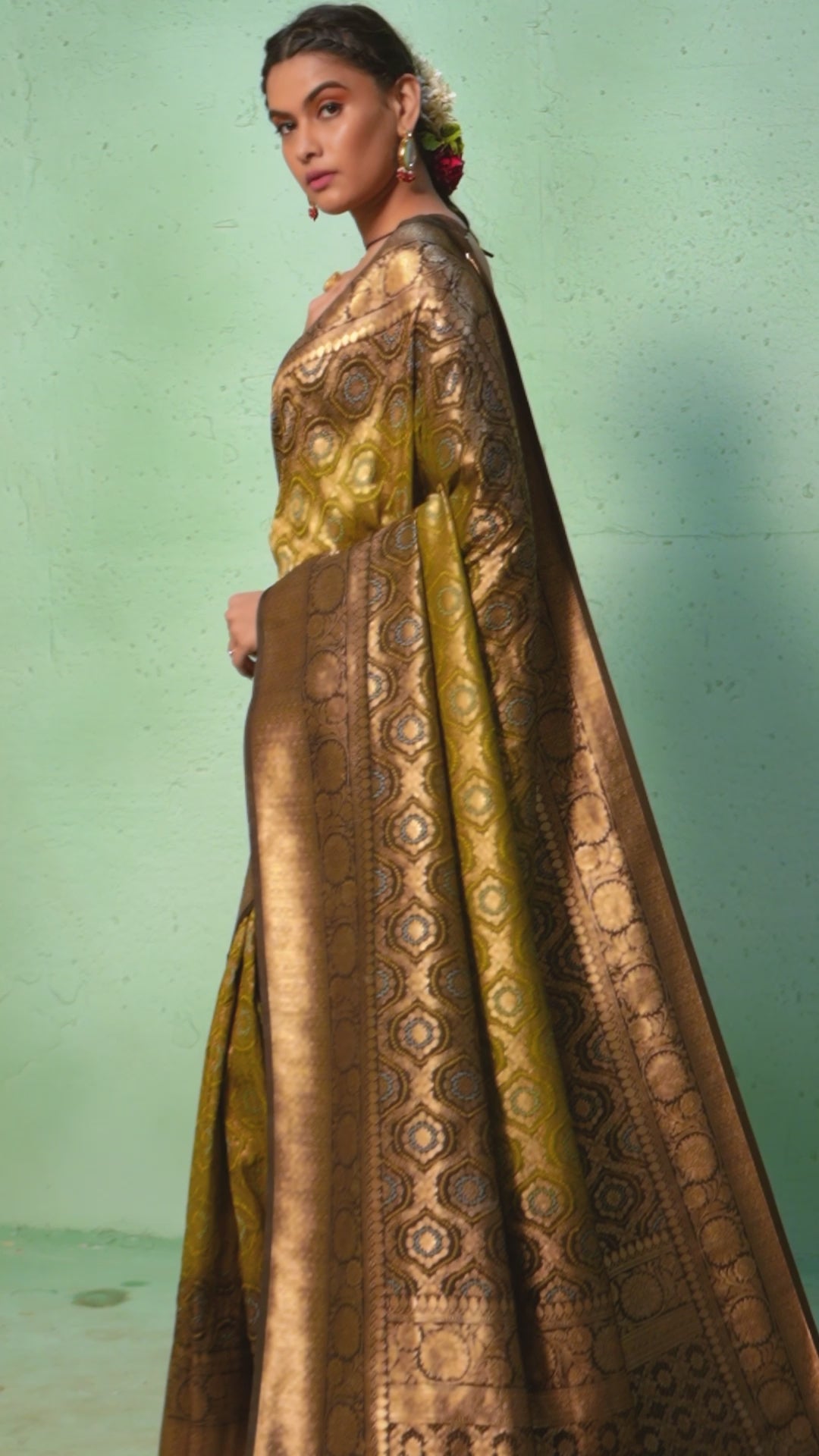 Olive Leaf Green Gold zari with Bandhej Bandhani Silk Saree | House Of Vardha 