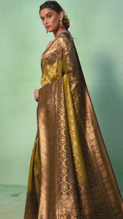 Olive Leaf Green Gold zari with Bandhej Bandhani Silk Saree | House Of Vardha 