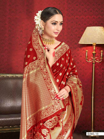 Crimson Red Woven Banarasi Saree - House of Vardha