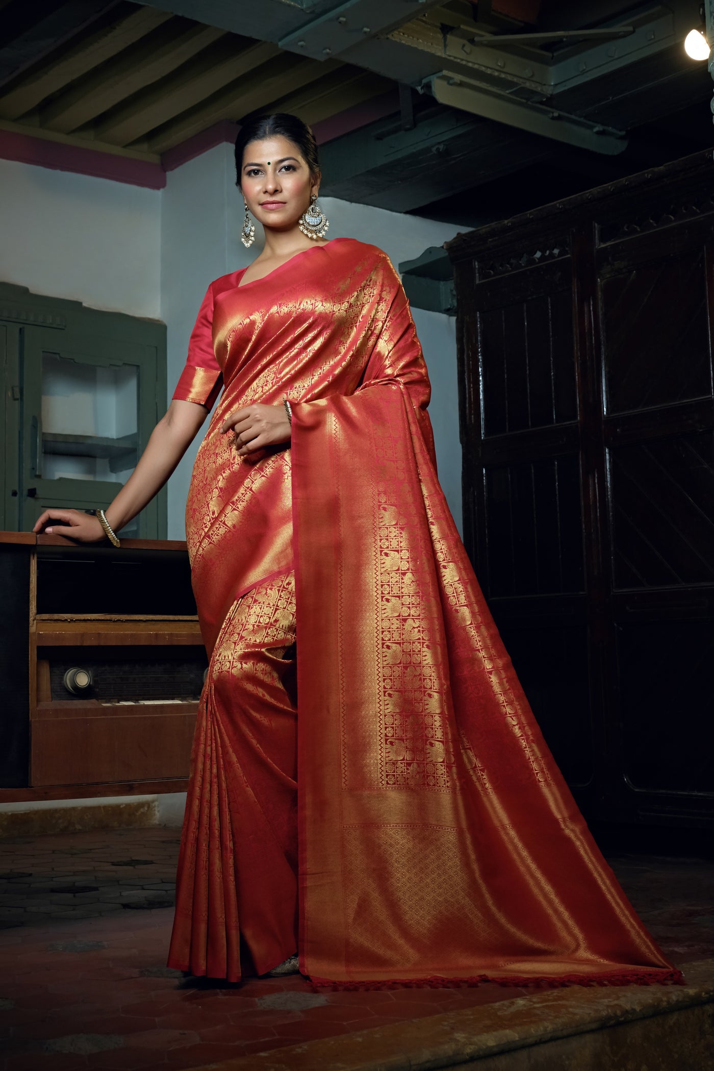 Rose Red Golden Zari Kanjeevaram Silk Saree