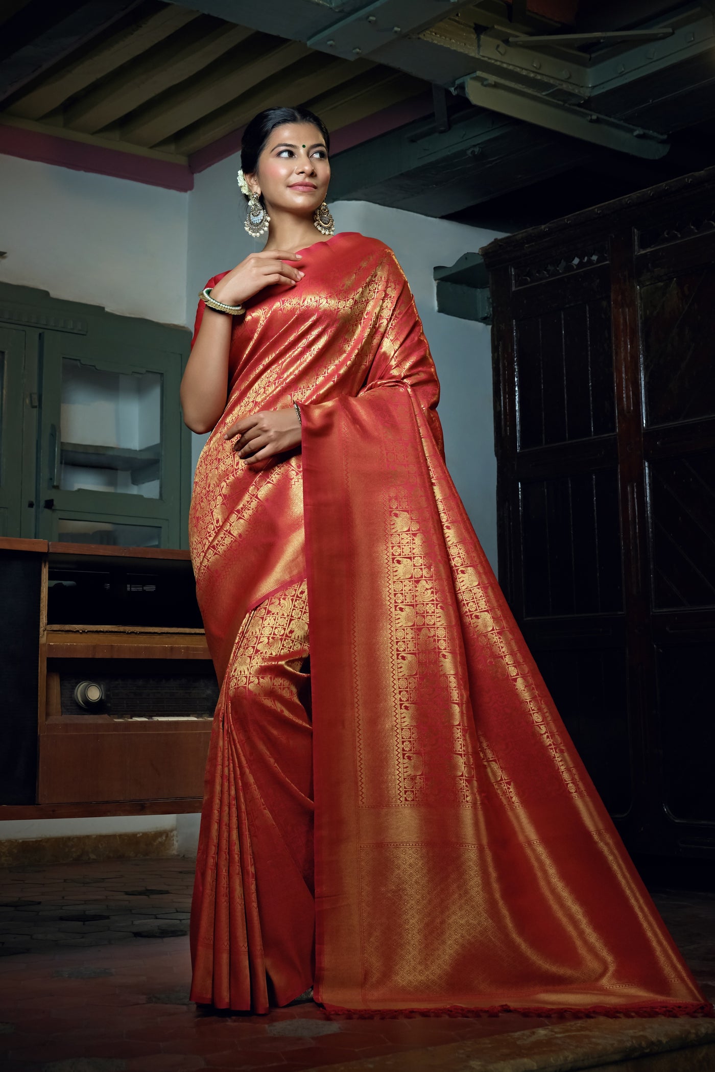 Rose Red Golden Zari Kanjeevaram Silk Saree