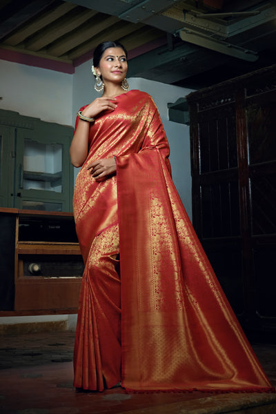 Rose Red Golden Zari Kanjeevaram Silk Saree