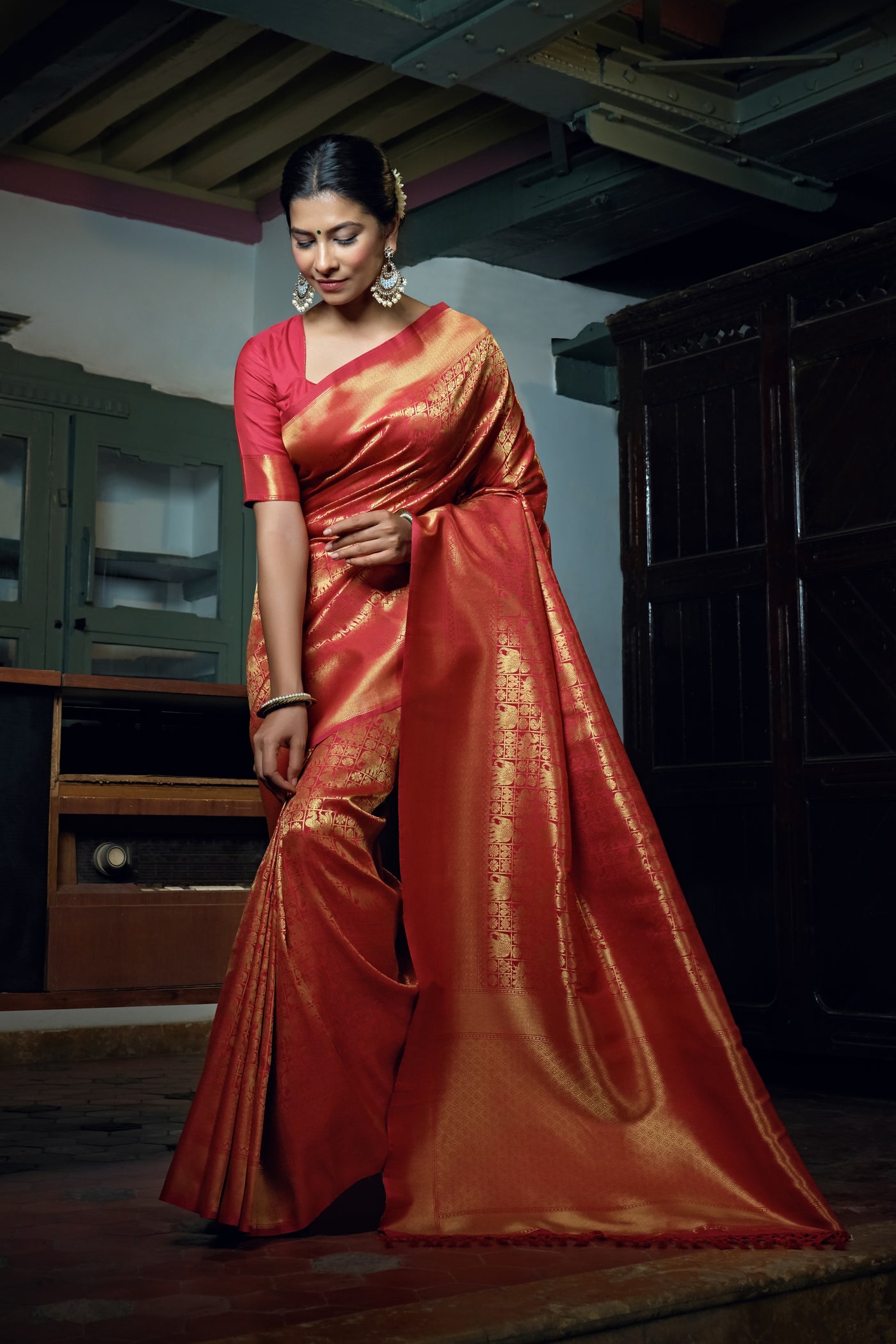 Rose Red Golden Zari Kanjeevaram Silk Saree