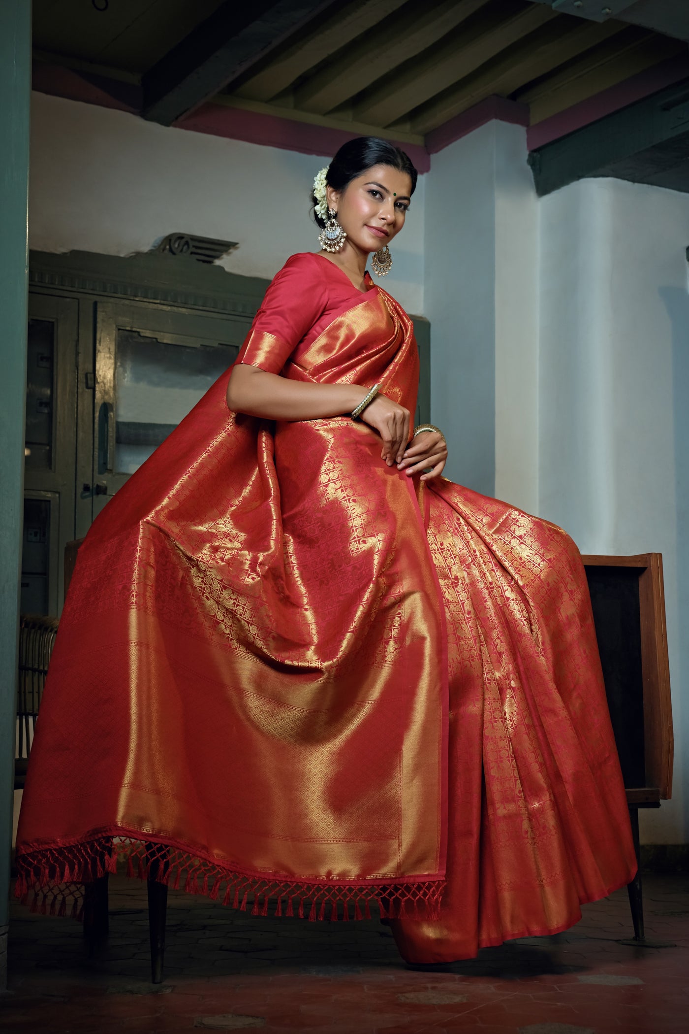 Rose Red Golden Zari Kanjeevaram Silk Saree