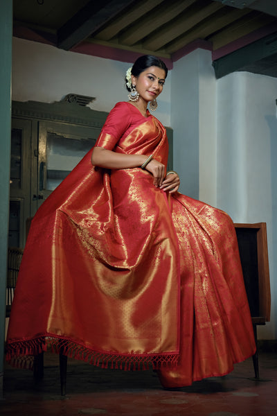 Rose Red Golden Zari Kanjeevaram Silk Saree