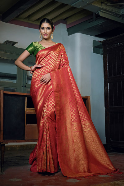 Scarlet Red Zari Work Kanjeevaram Silk Saree