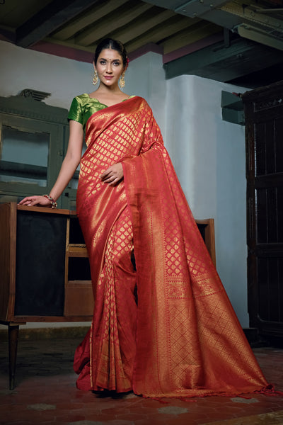 Scarlet Red Zari Work Kanjeevaram Silk Saree