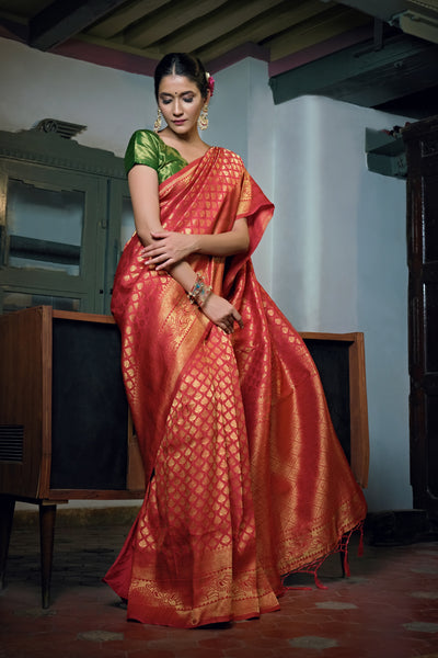 Scarlet Red Zari Work Kanjeevaram Silk Saree