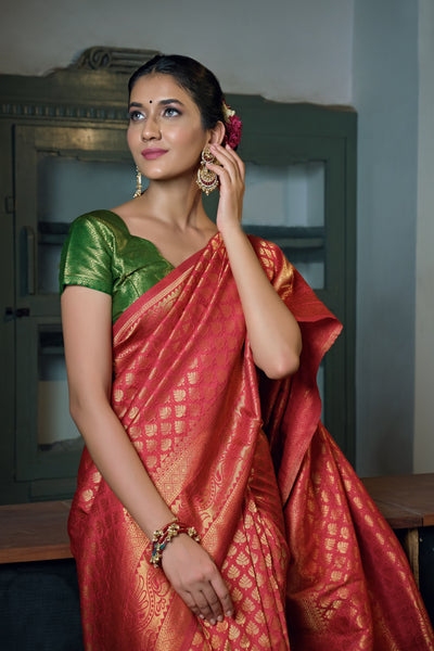 Scarlet Red Zari Work Kanjeevaram Silk Saree