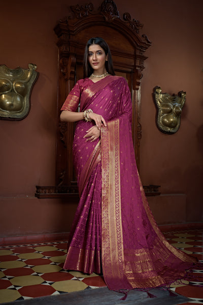 Wine Purple Golden Zari Banarasi Satin Silk Saree