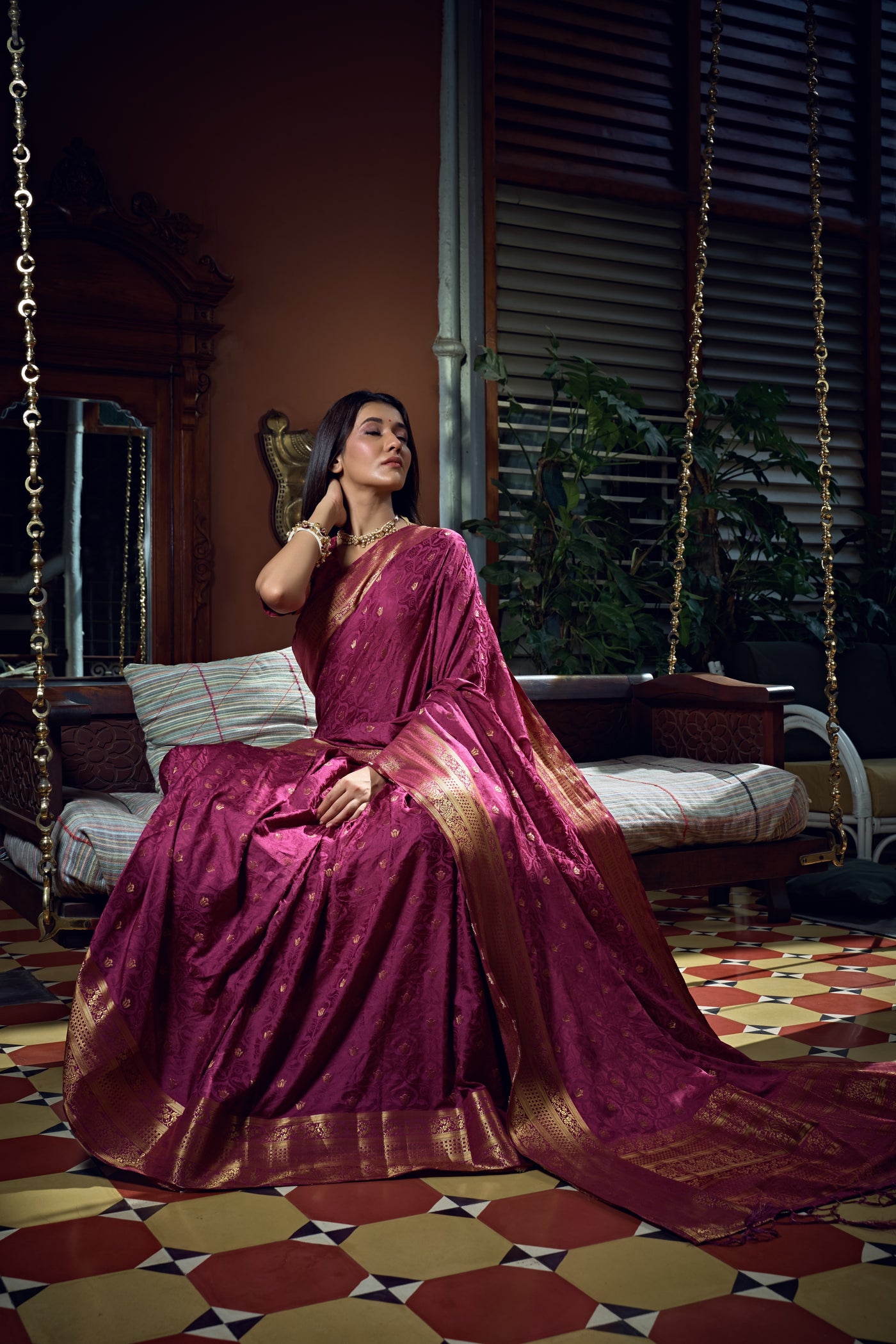 Wine Purple Golden Zari Banarasi Satin Silk Saree