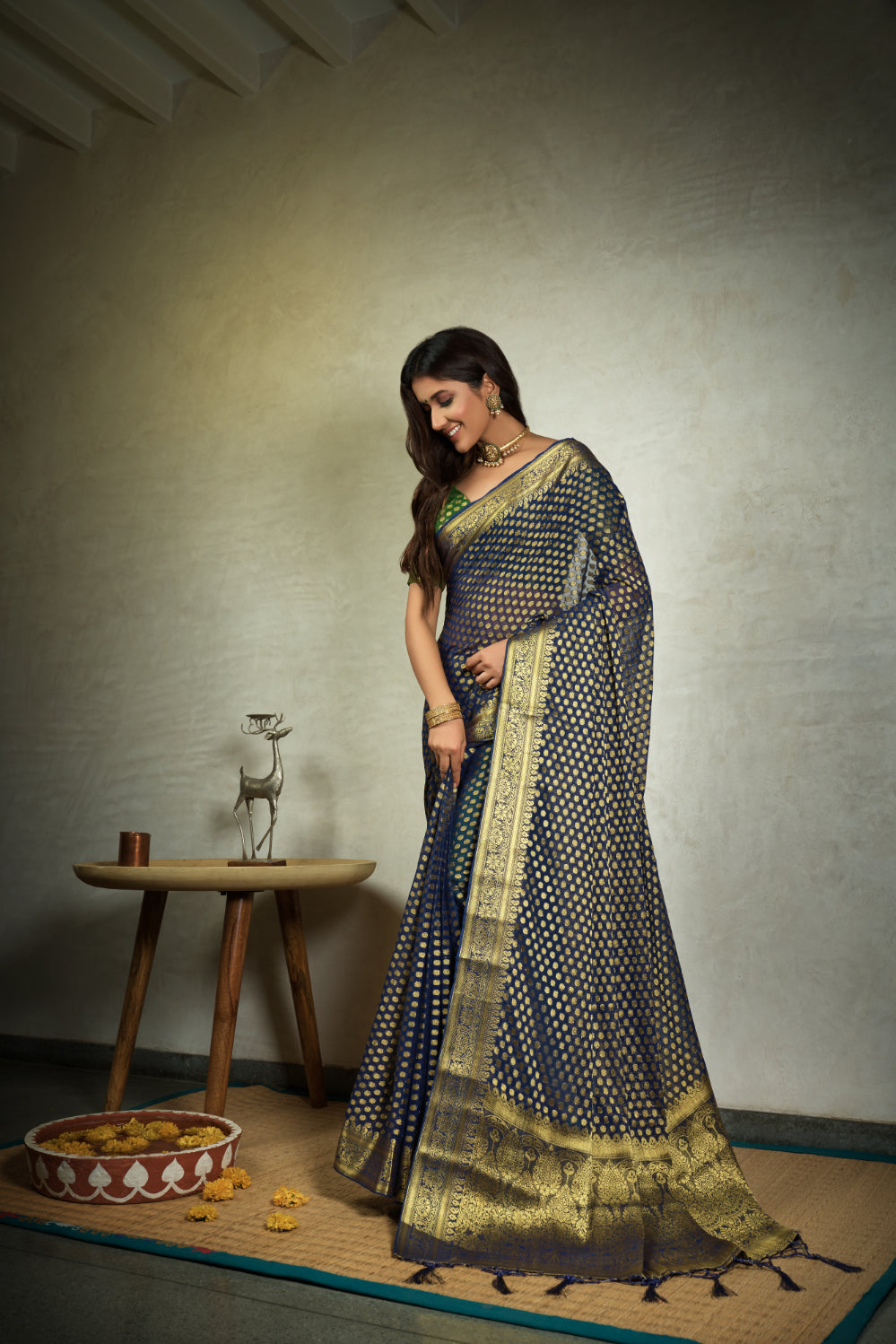 Indigo Blue Golden Zari Banarasi Chiffon Saree