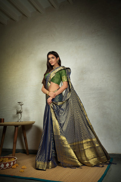 Indigo Blue Golden Zari Banarasi Chiffon Saree