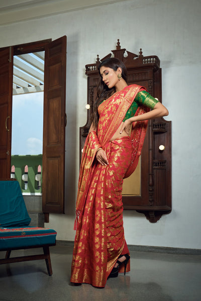 Rose Red Golden Zari Banarasi Chiffon Saree