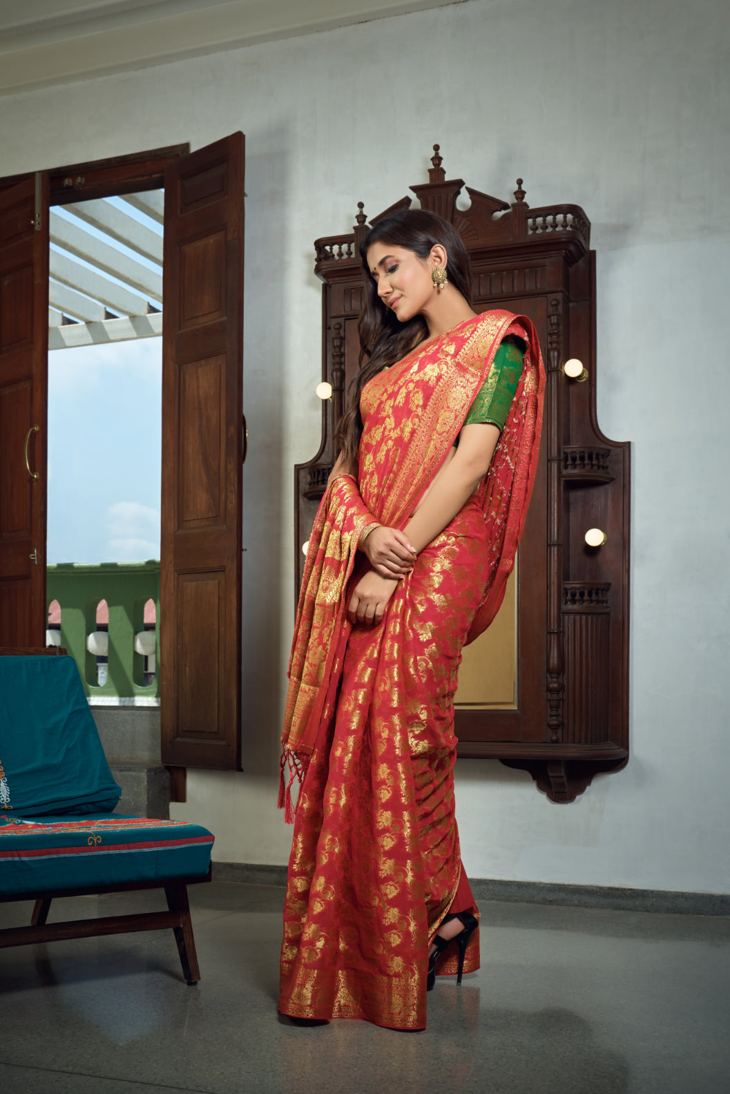 Rose Red Golden Zari Banarasi Chiffon Saree