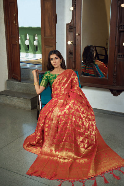 Rose Red Golden Zari Banarasi Chiffon Saree