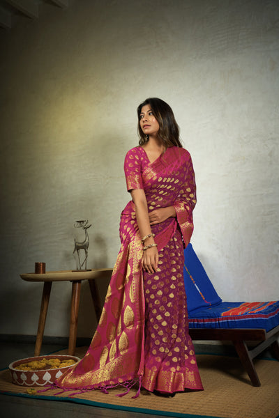 Magenta Pink Golden Zari Banarasi Chiffon Saree