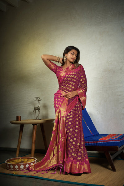 Magenta Pink Golden Zari Banarasi Chiffon Saree