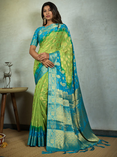 Lime Green Golden Zari Banarasi Chiffon Saree