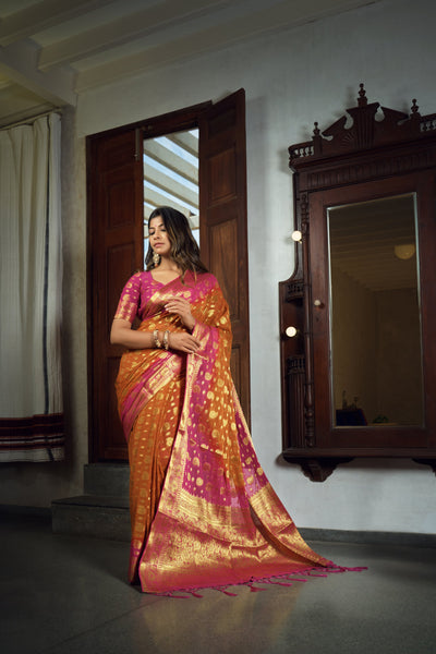 Sunset Orange Golden Zari Banarasi Chiffon Saree