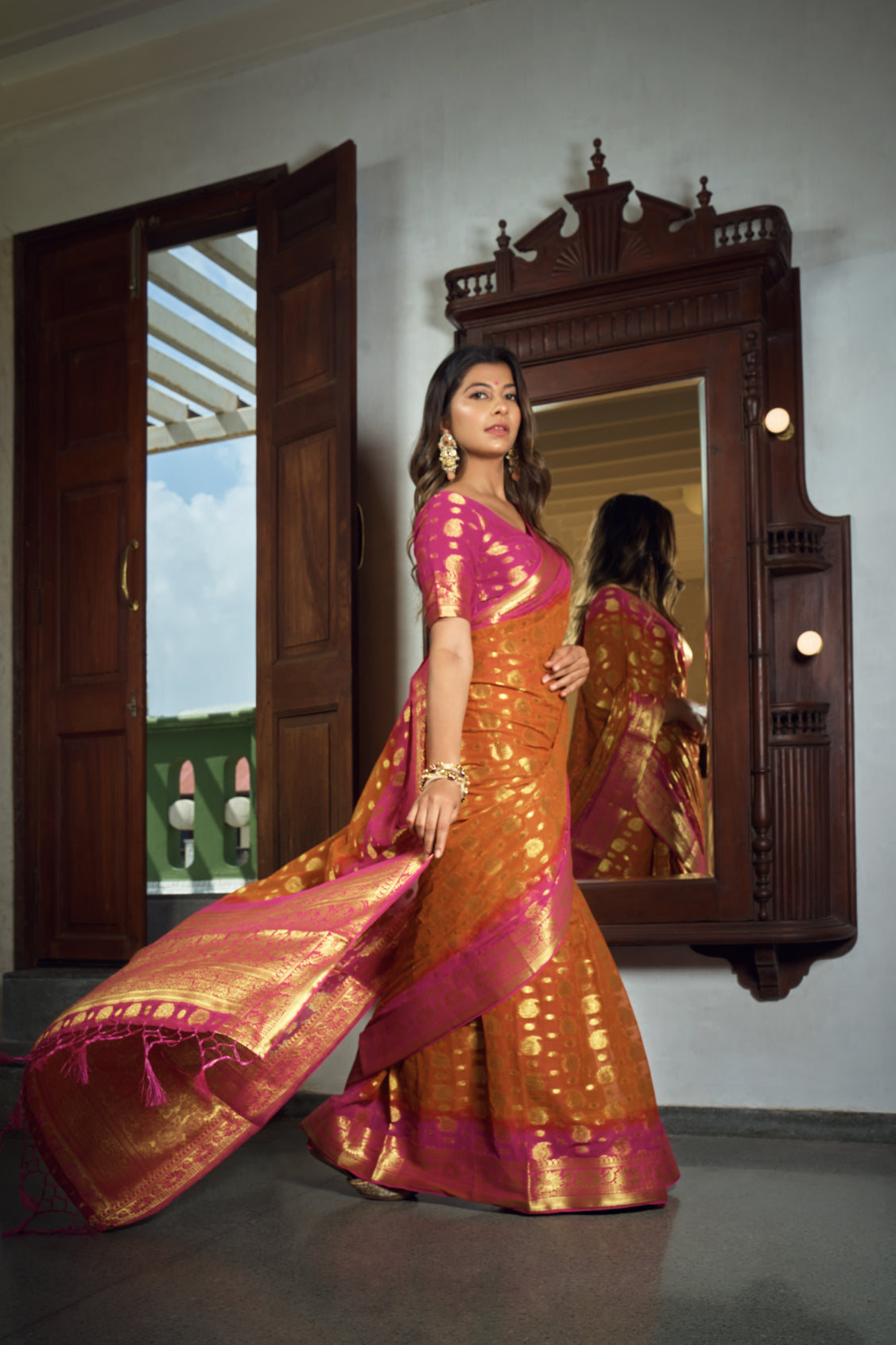 Sunset Orange Golden Zari Banarasi Chiffon Saree