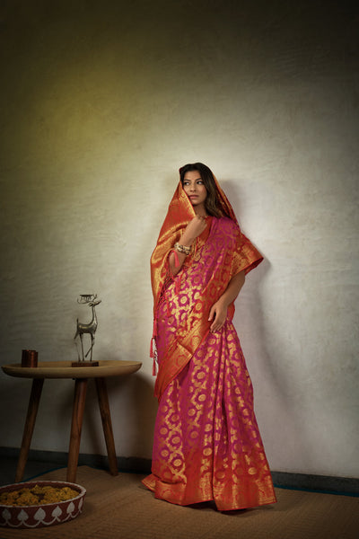 Magenta Pink Golden Zari Banarasi Chiffon Saree
