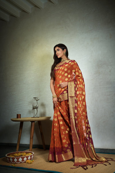 Marmalade Orange Golden Zari Banarasi Chiffon Saree