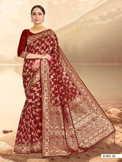 Maroon Red Woven Banarasi Saree