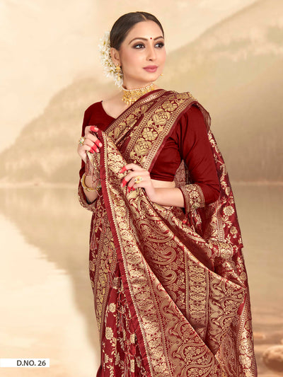 Maroon Red Woven Banarasi Saree