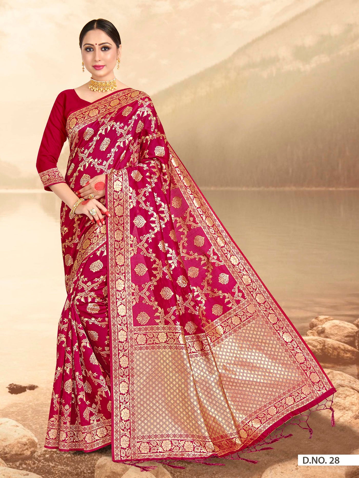 Ruby Pink Woven Banarasi Saree