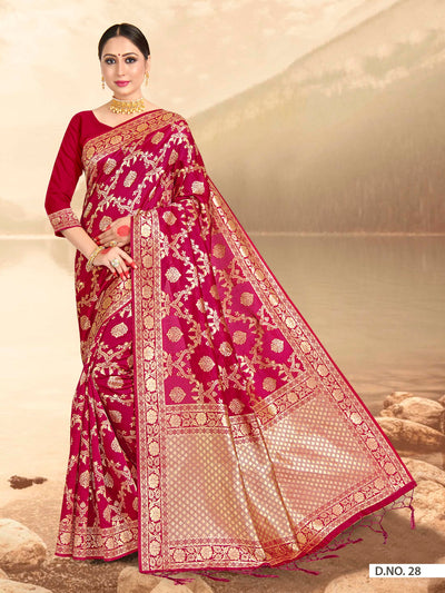 Ruby Pink Woven Banarasi Saree