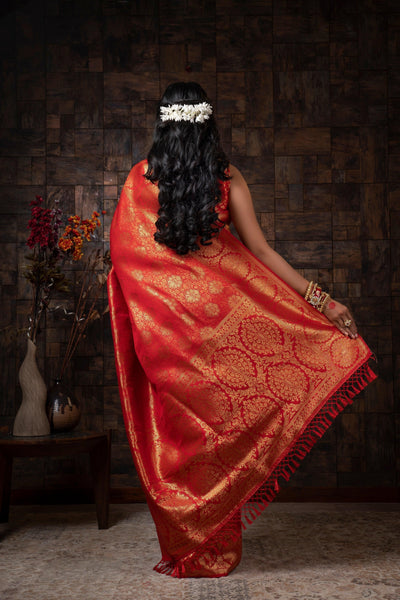 Crimson Red Golden Zari Kanjeevaram Silk Saree - House of Vardha