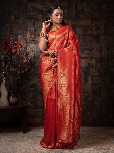 Crimson Red Golden Zari Kanjeevaram Silk Saree - House of Vardha